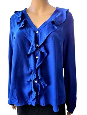 Cleo Royal Blue Ruffle Button-Down Blouse